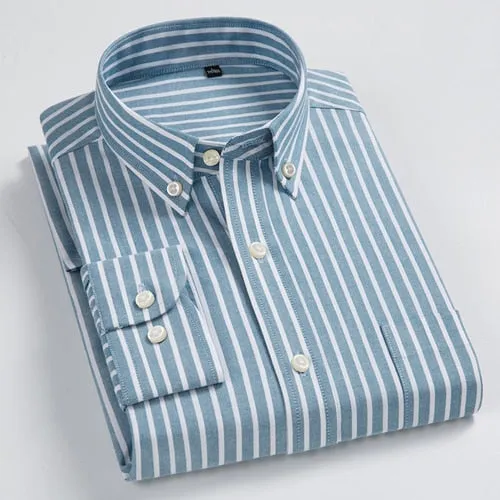 Men's Striped Cotton Chest Pocket Standard-fit Oxford Long Sleeve Shirt