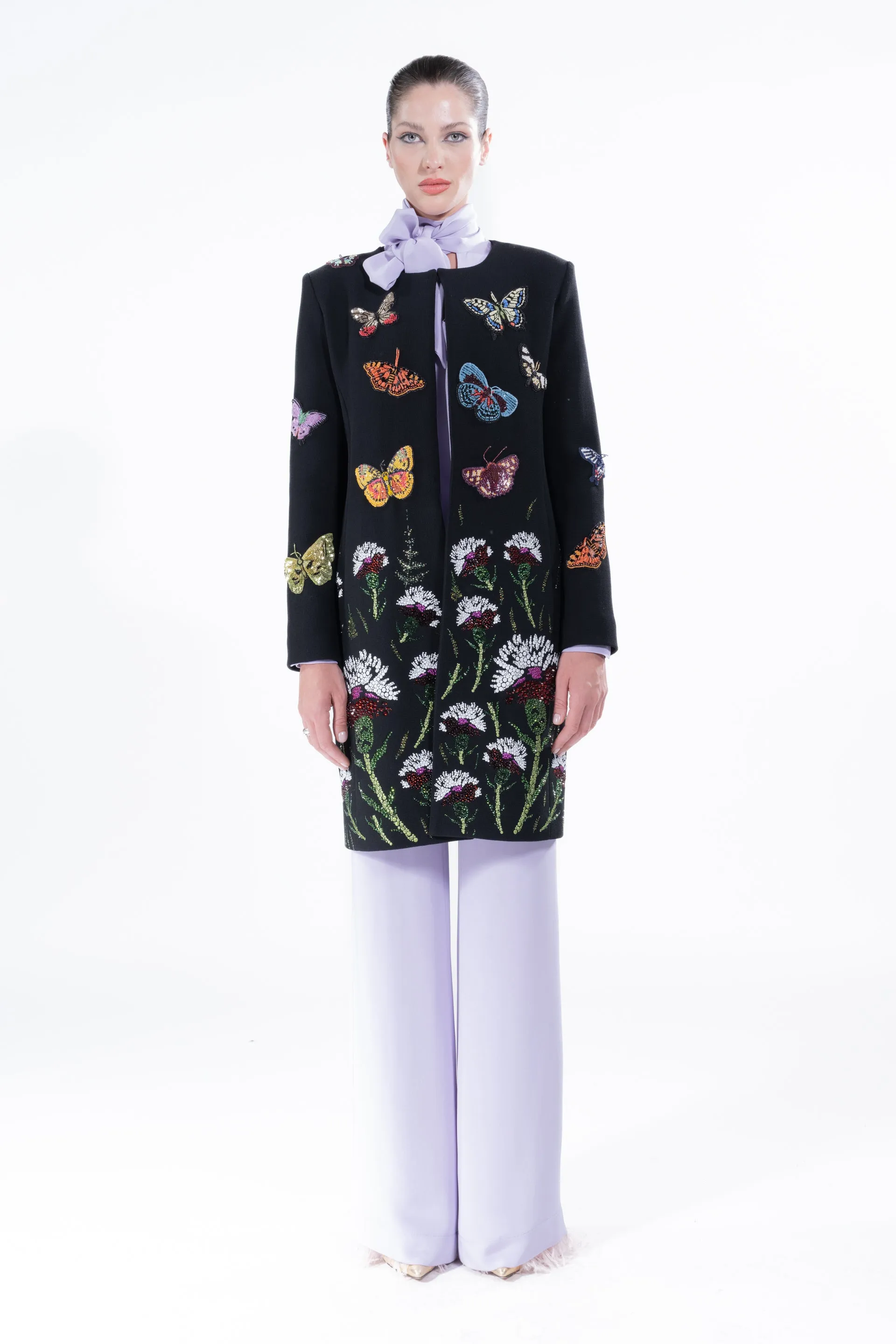 'Millions of Butterflies & Ottoman Carnation' Classic Collarless Coat