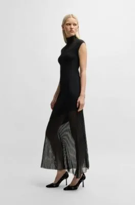 Mock-neck ribbed crepe midi dress with sheer sections