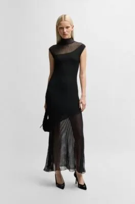 Mock-neck ribbed crepe midi dress with sheer sections