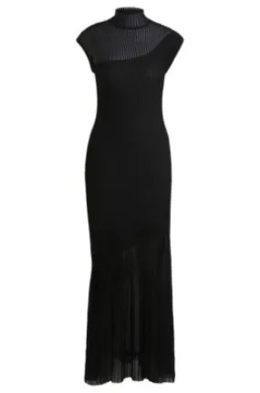 Mock-neck ribbed crepe midi dress with sheer sections