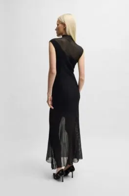 Mock-neck ribbed crepe midi dress with sheer sections