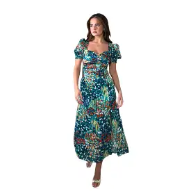 Multicoloured Flora Midi Dress With Sweetheart Neckline & Puff Sleeves