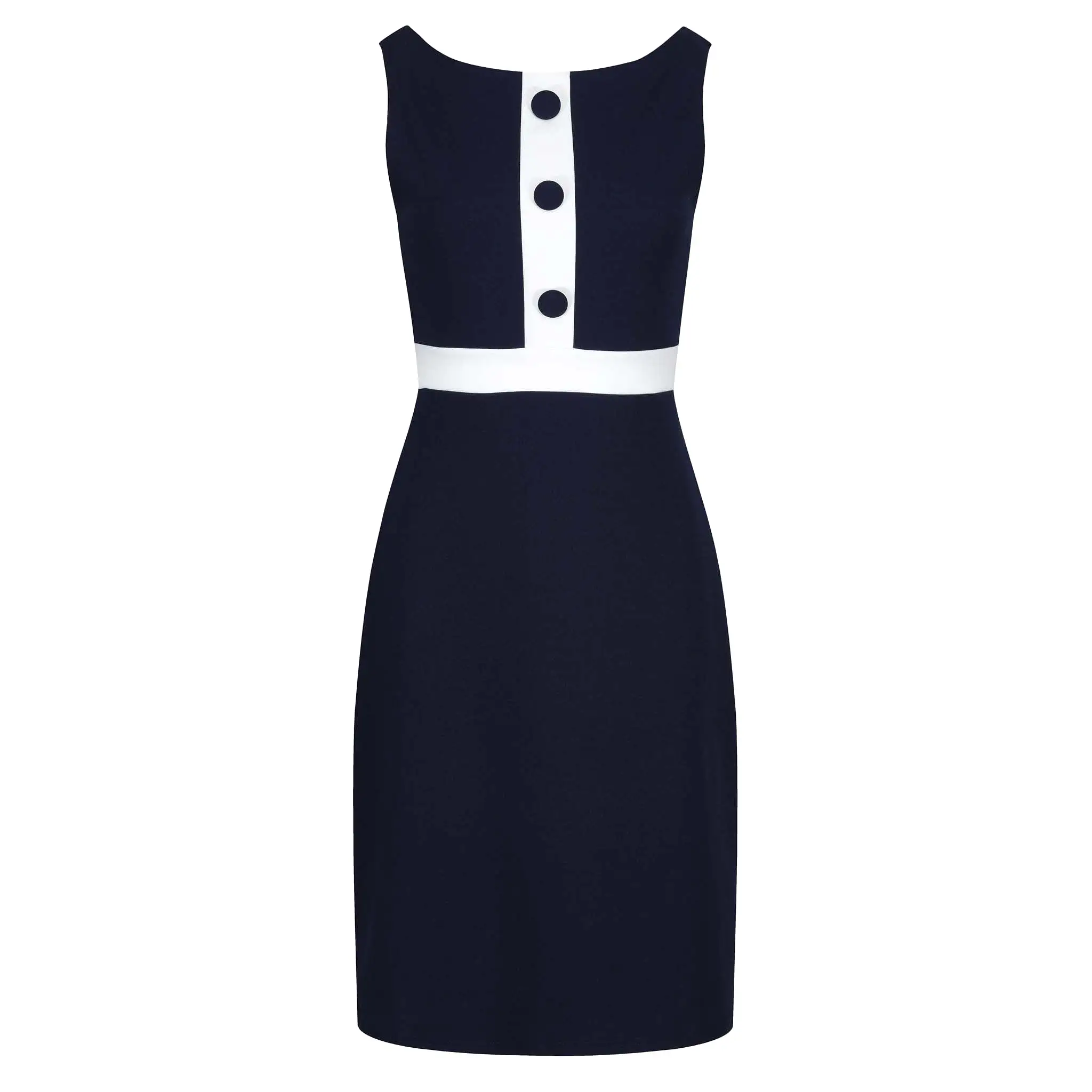 Navy Blue and White Sleeveless Button Detail Bodycon Midi Dress