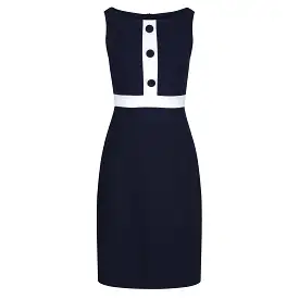 Navy Blue and White Sleeveless Button Detail Bodycon Midi Dress