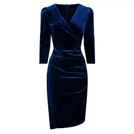 Navy Blue Velour Wrapover 3/4 Sleeve Midi Dress