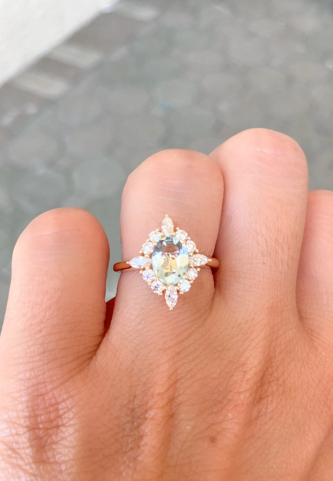 Oval Aquamarine with Moissanite Halo 14K Gold Engagement Ring AD1649-1