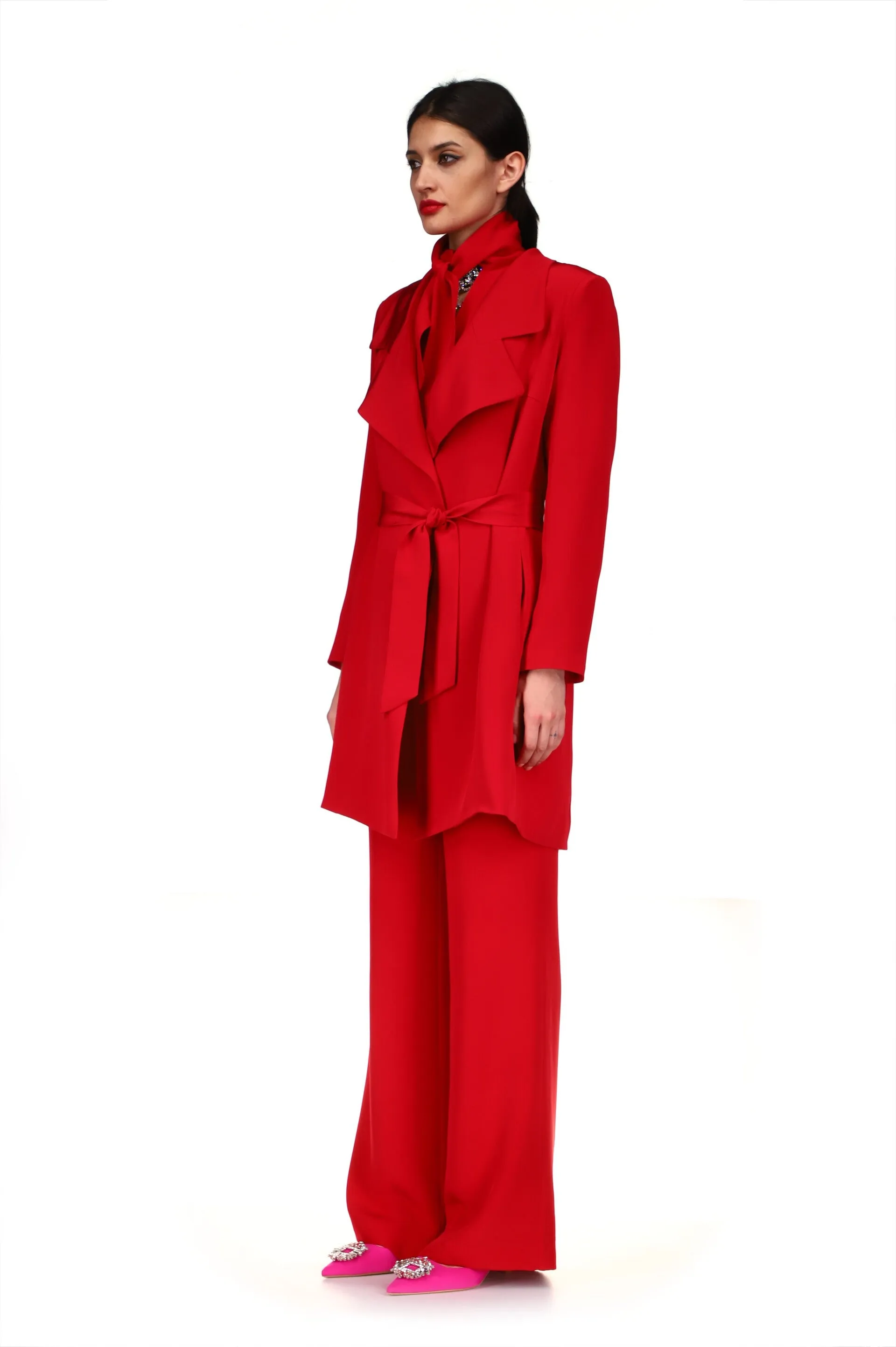 'OVERSATURATED SILKS' RED RELAXED TRENCH COAT