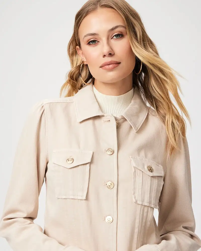 PAIGE Cropped Pacey Denim Jacket w Raw Hem - Soft Beige