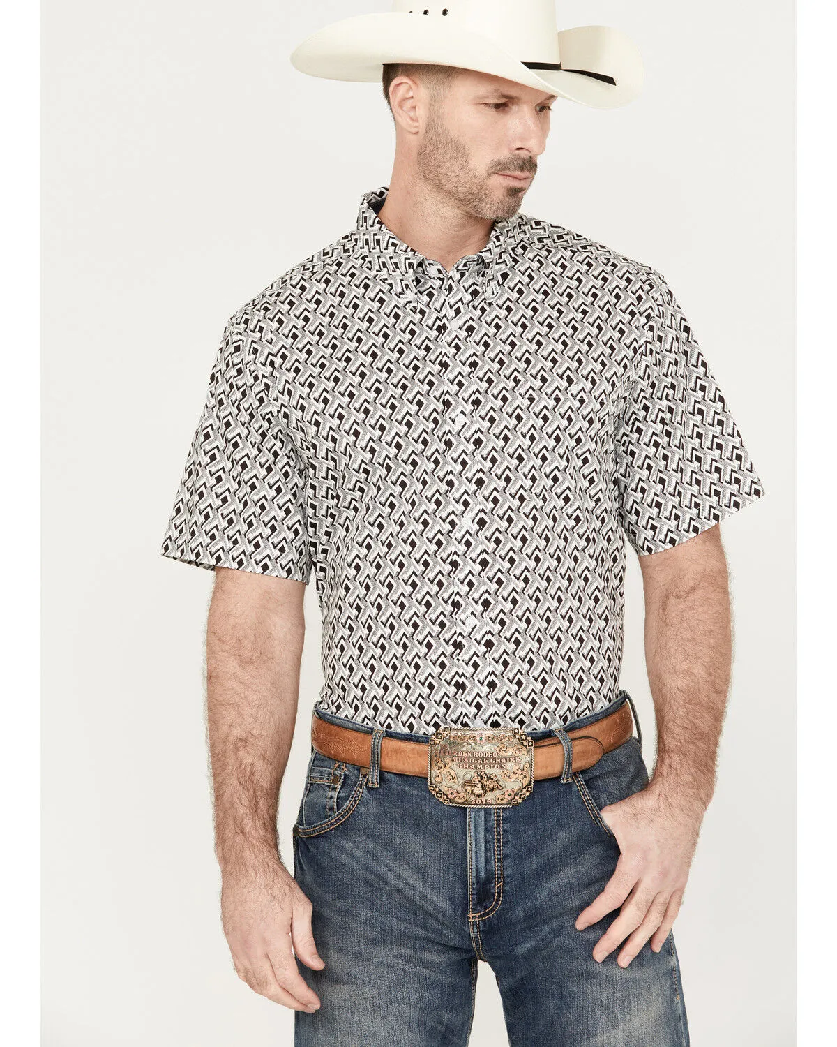 Product Name:  RANK 45® Men's West Trellis Geo Print Short Sleeve Button-Down Shirt