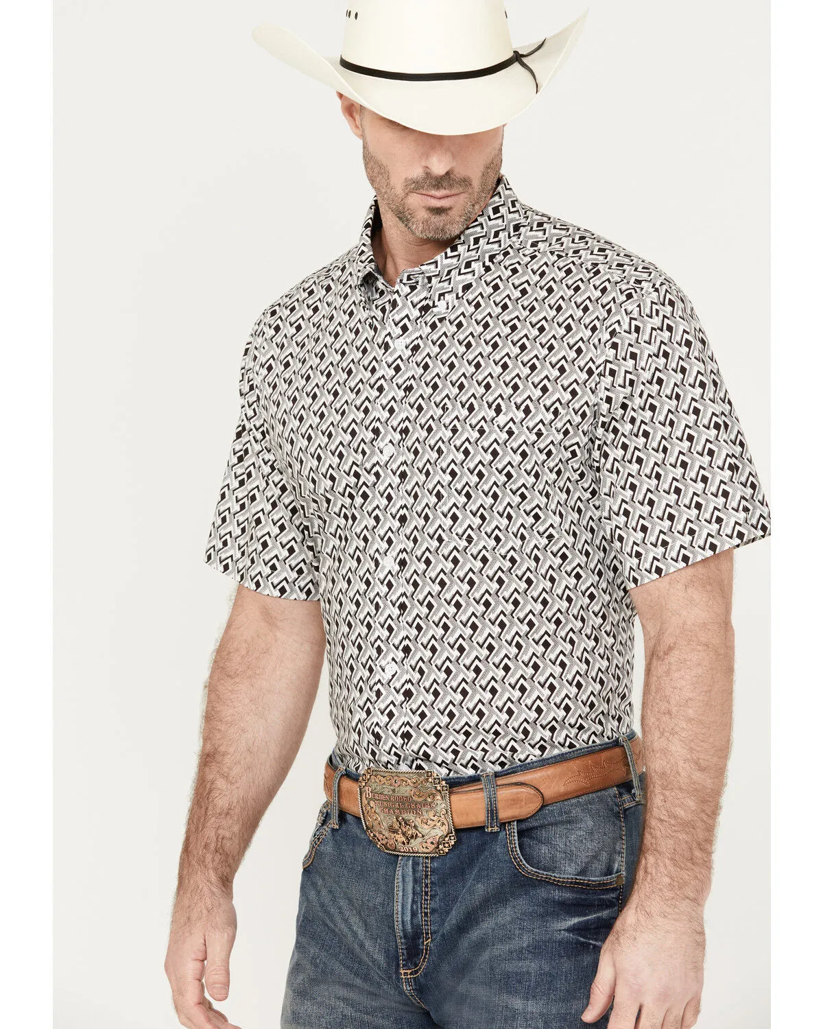 Product Name:  RANK 45® Men's West Trellis Geo Print Short Sleeve Button-Down Shirt