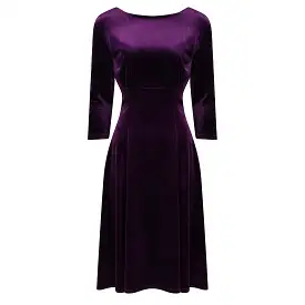 Purple Velour 3/4 Sleeve Vintage Swing Midi Dress