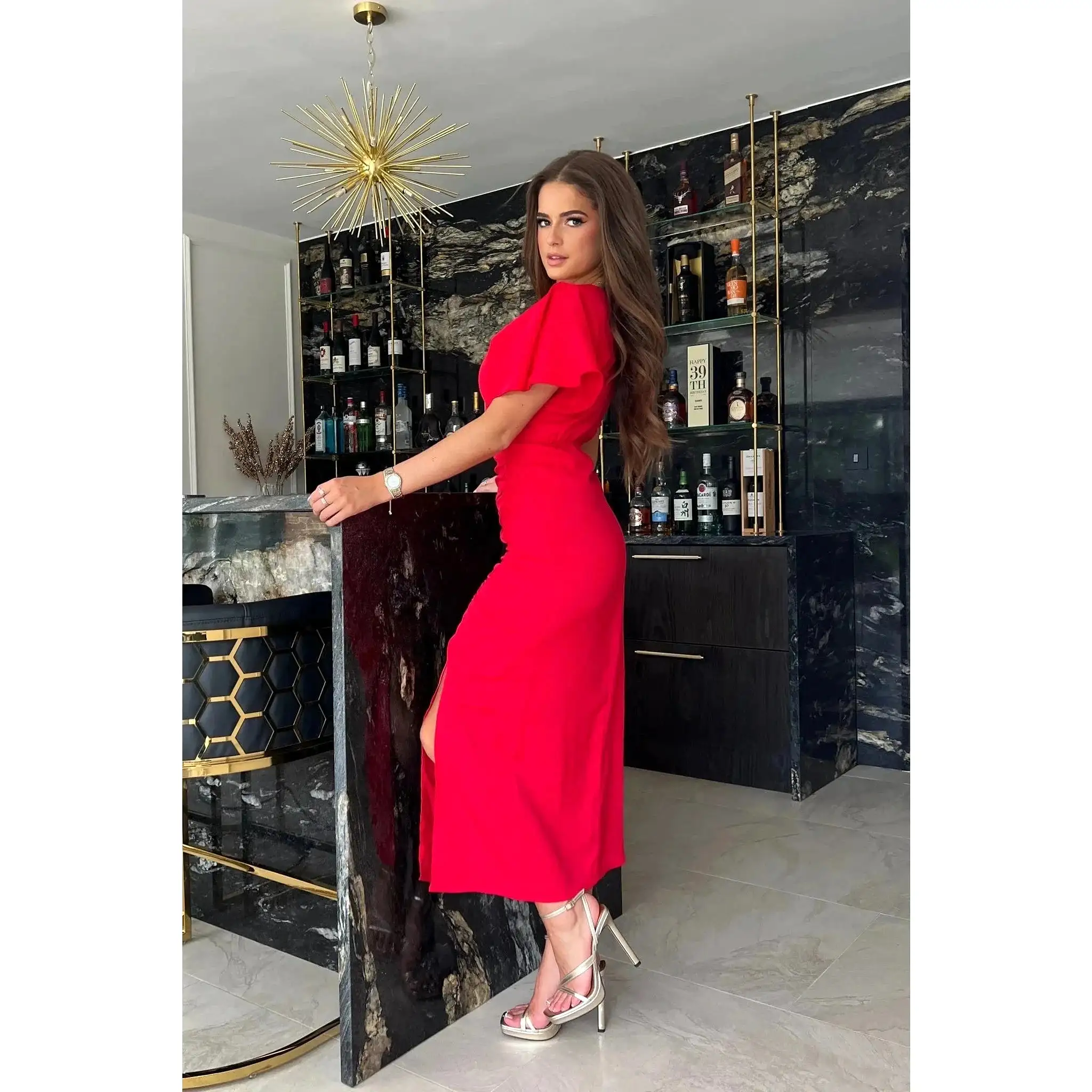 Red Wrapover Thigh Split Midi Dress w/ Batwing Sleeves & Elastic Waist