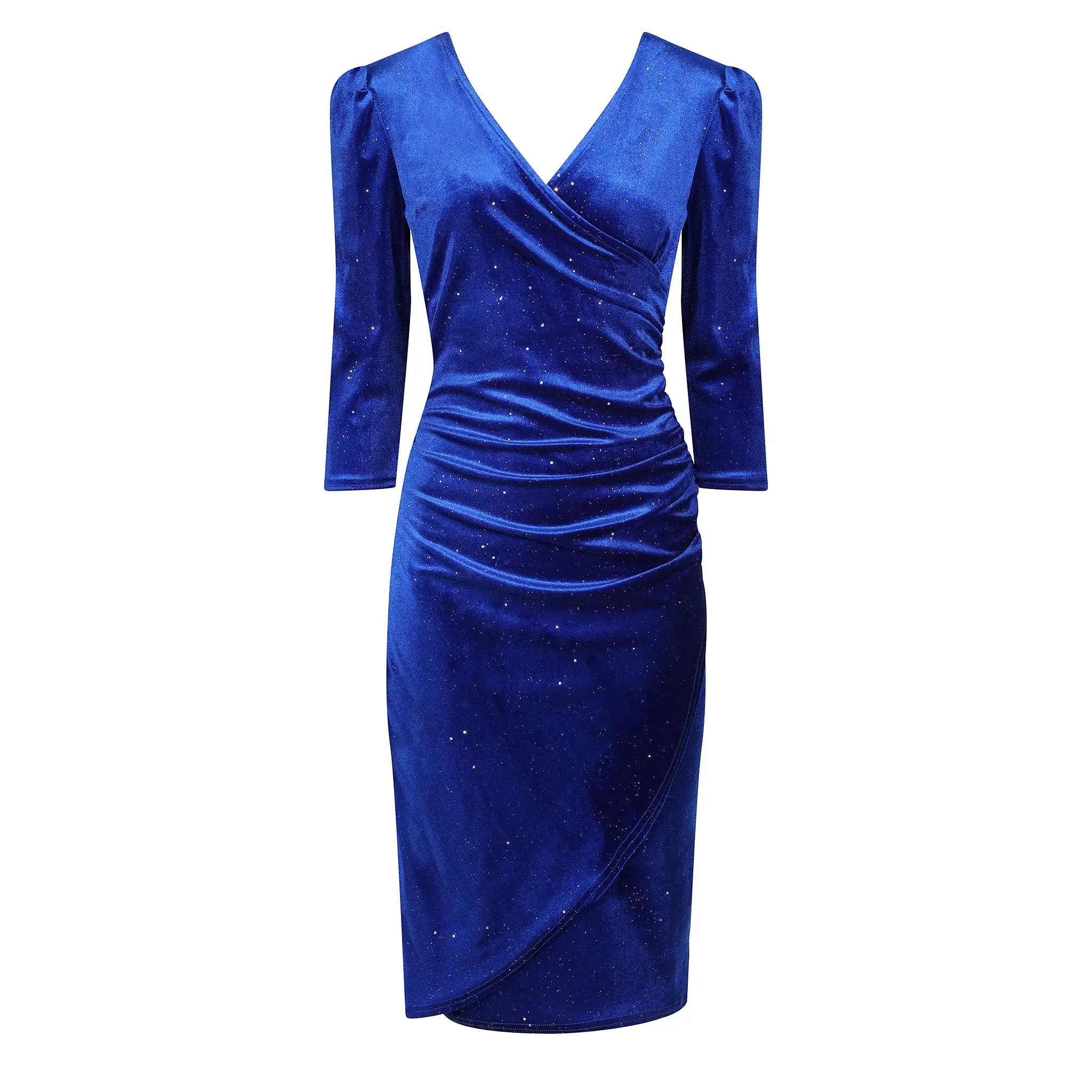 Royal Blue Velour Sparkle Wrapover 3/4 Sleeve Midi Dress