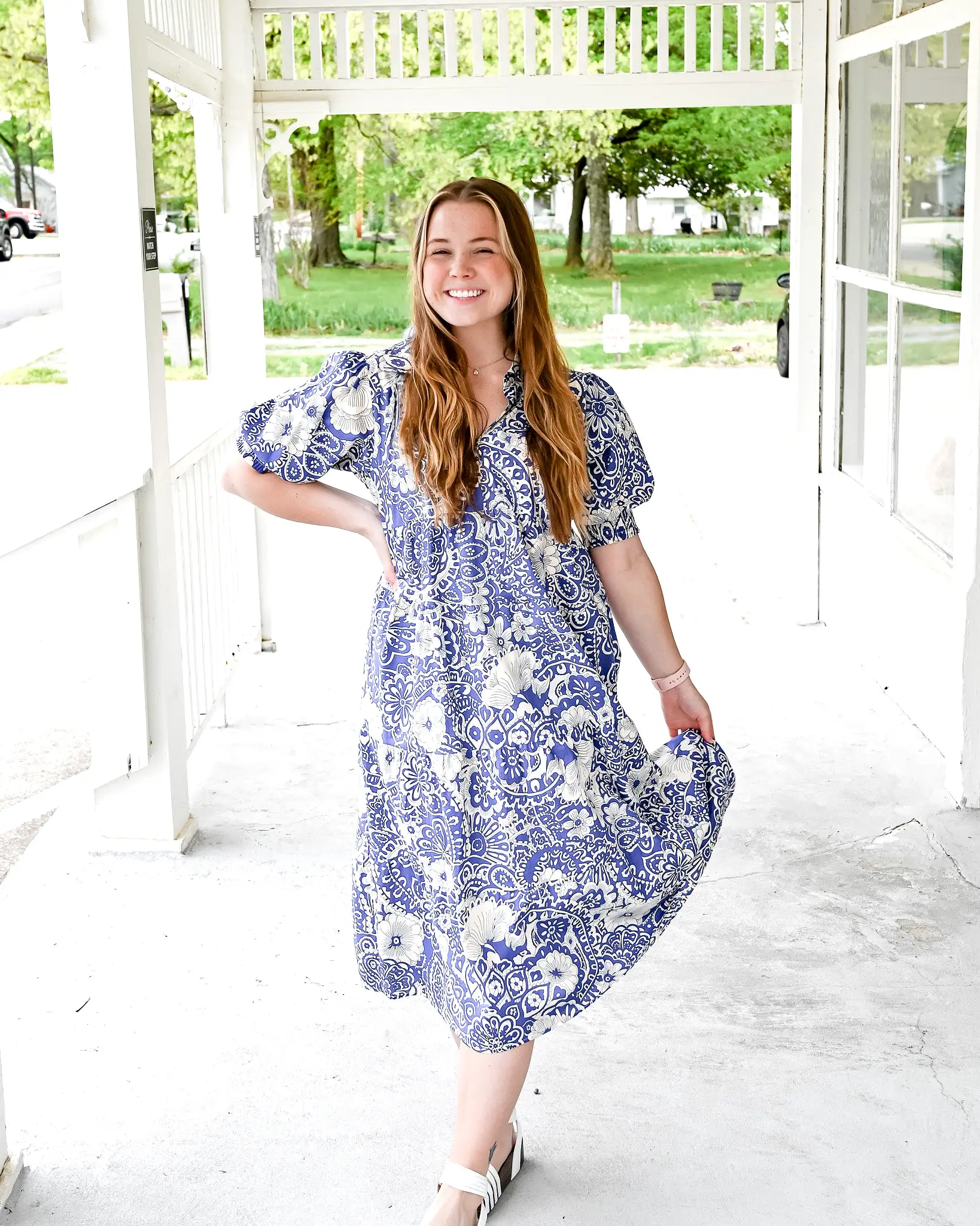 S-2X Whimsical Blues Floral Midi Dress