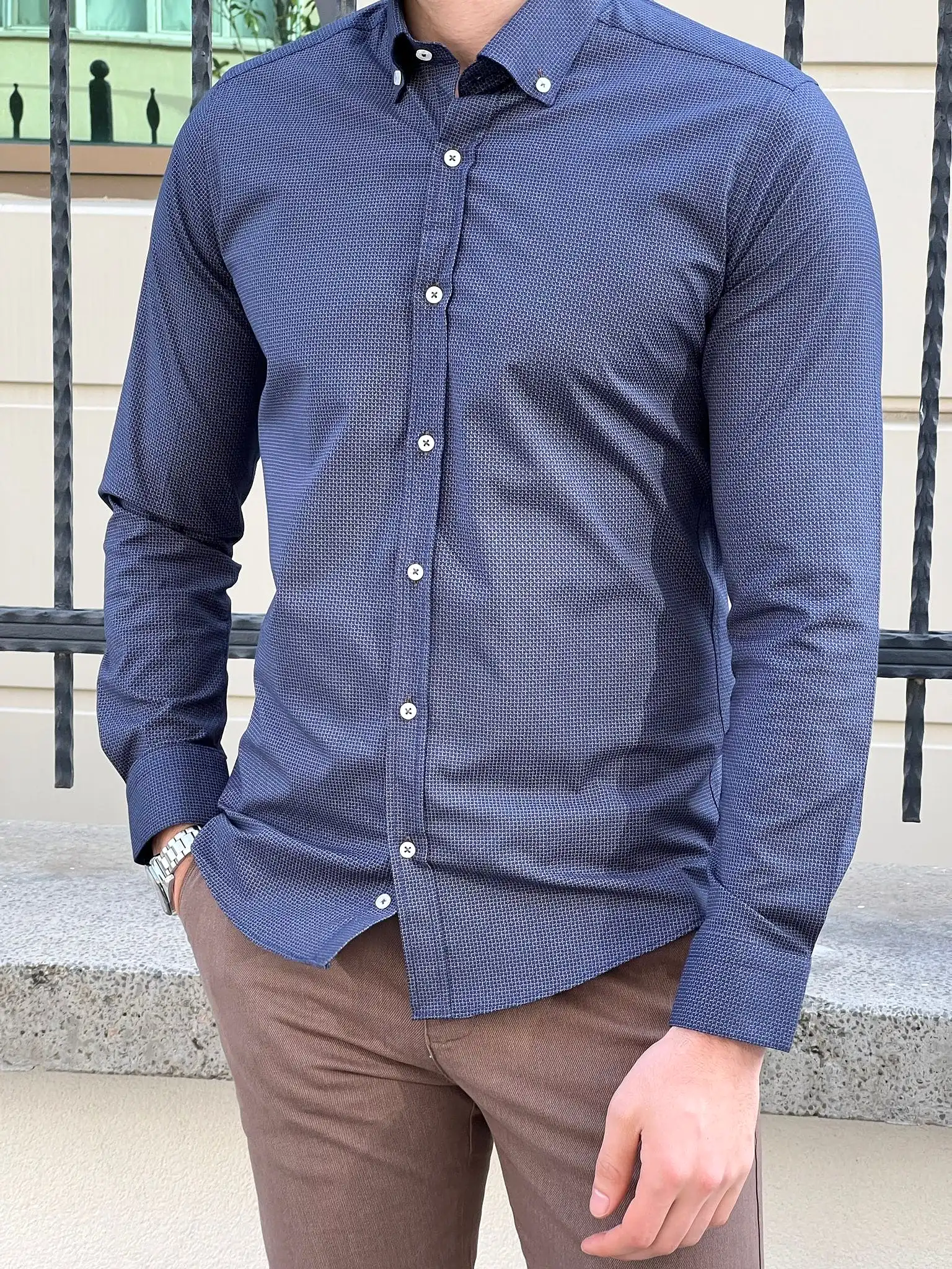 Slim Fit Patterned Cotton Navy blue Shirt