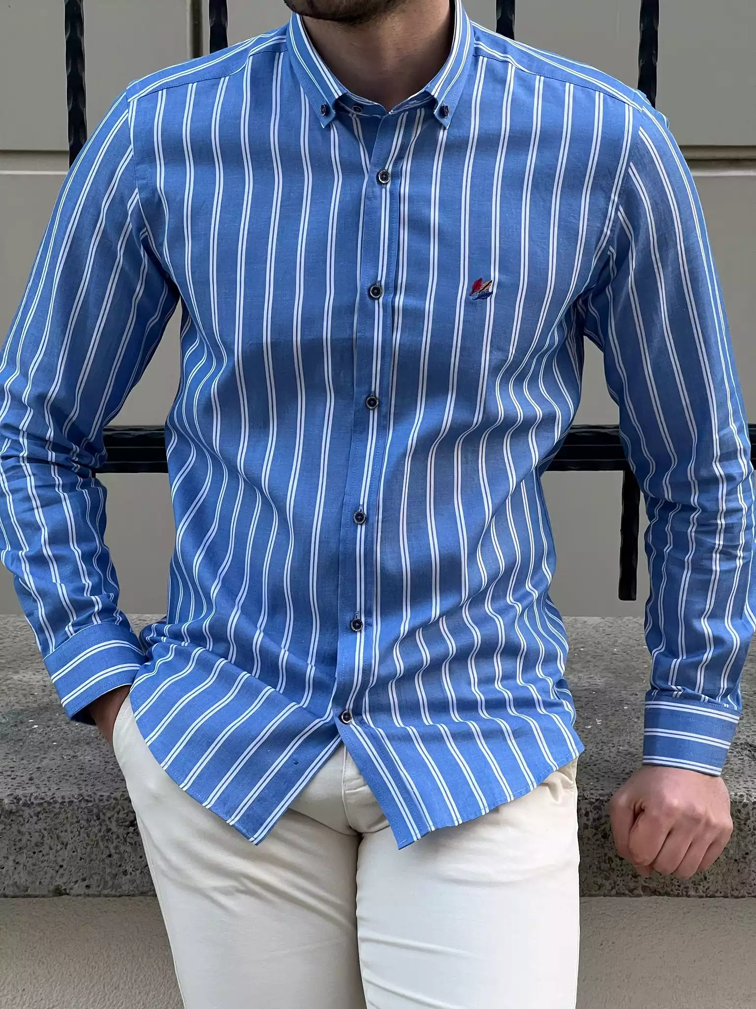 Slim Fit Striped Cotton Blue Shirt