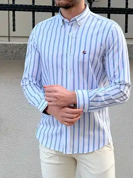 Slim Fit Striped Cotton White & Blue Shirt