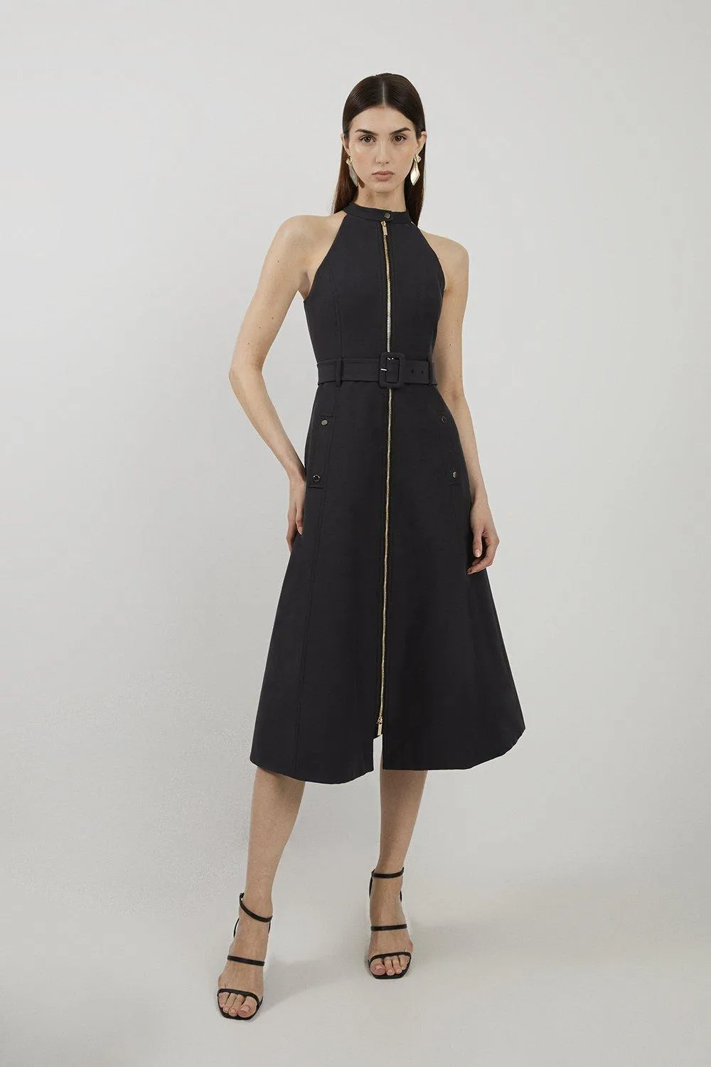 Tailored Cotton Belted Halter Neck Full Skirted Midi Dress | Karen Millen