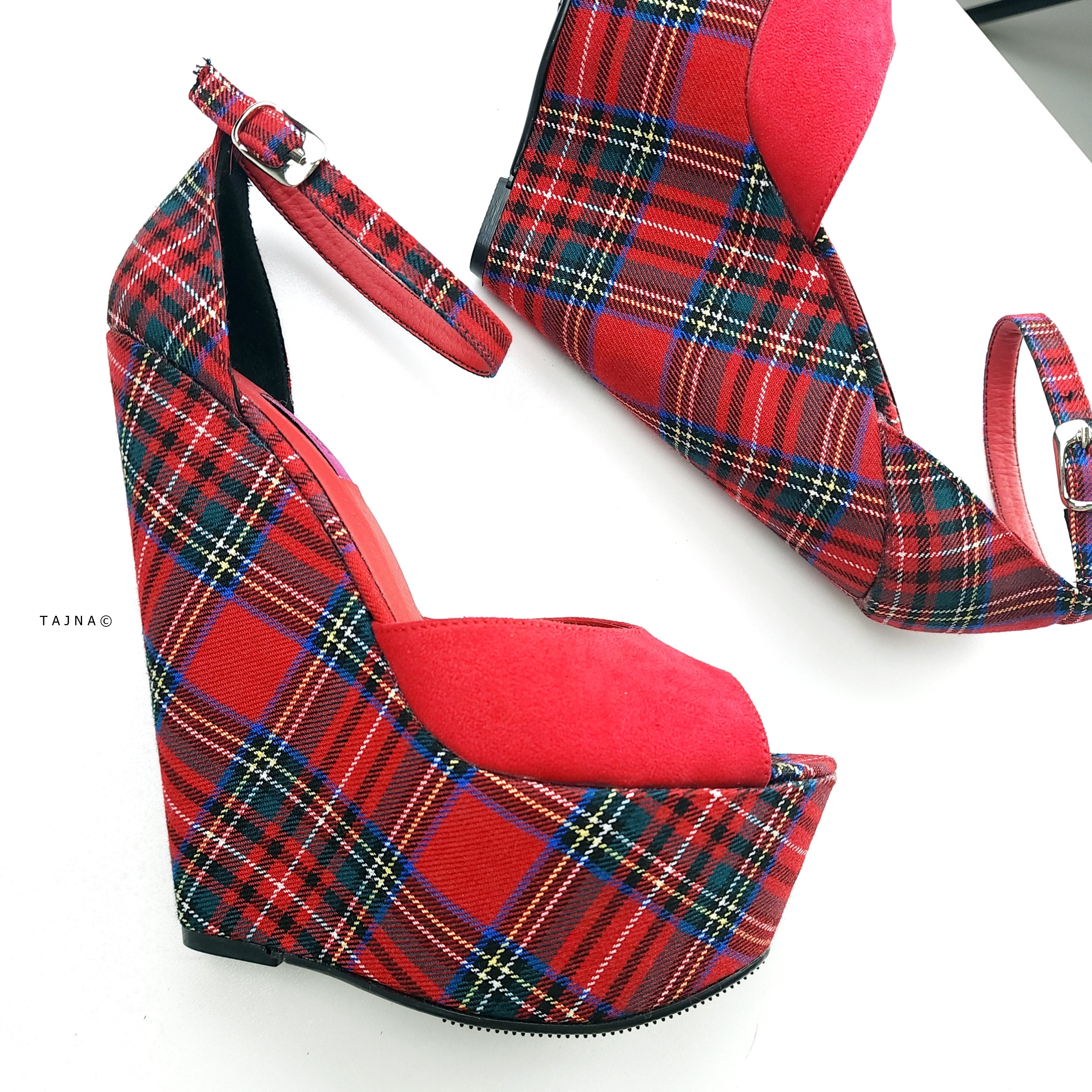 Tartan Red Suede Ankle Strap Wedge Sandals