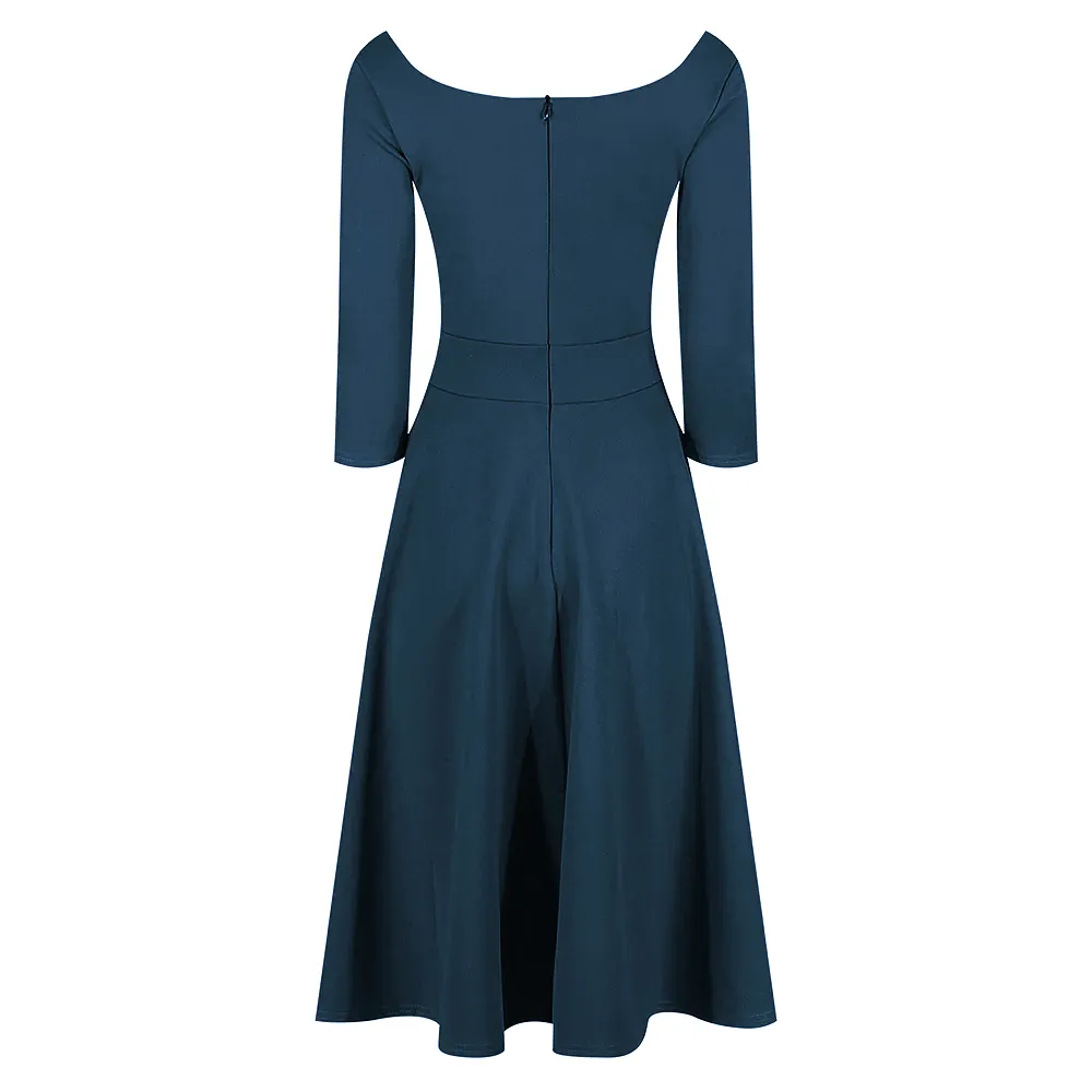 Teal Diamond Neckline 3/4 Sleeve Vintage Swing Midi Dress