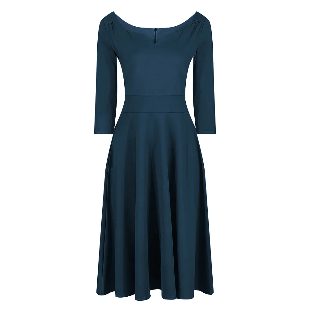 Teal Diamond Neckline 3/4 Sleeve Vintage Swing Midi Dress