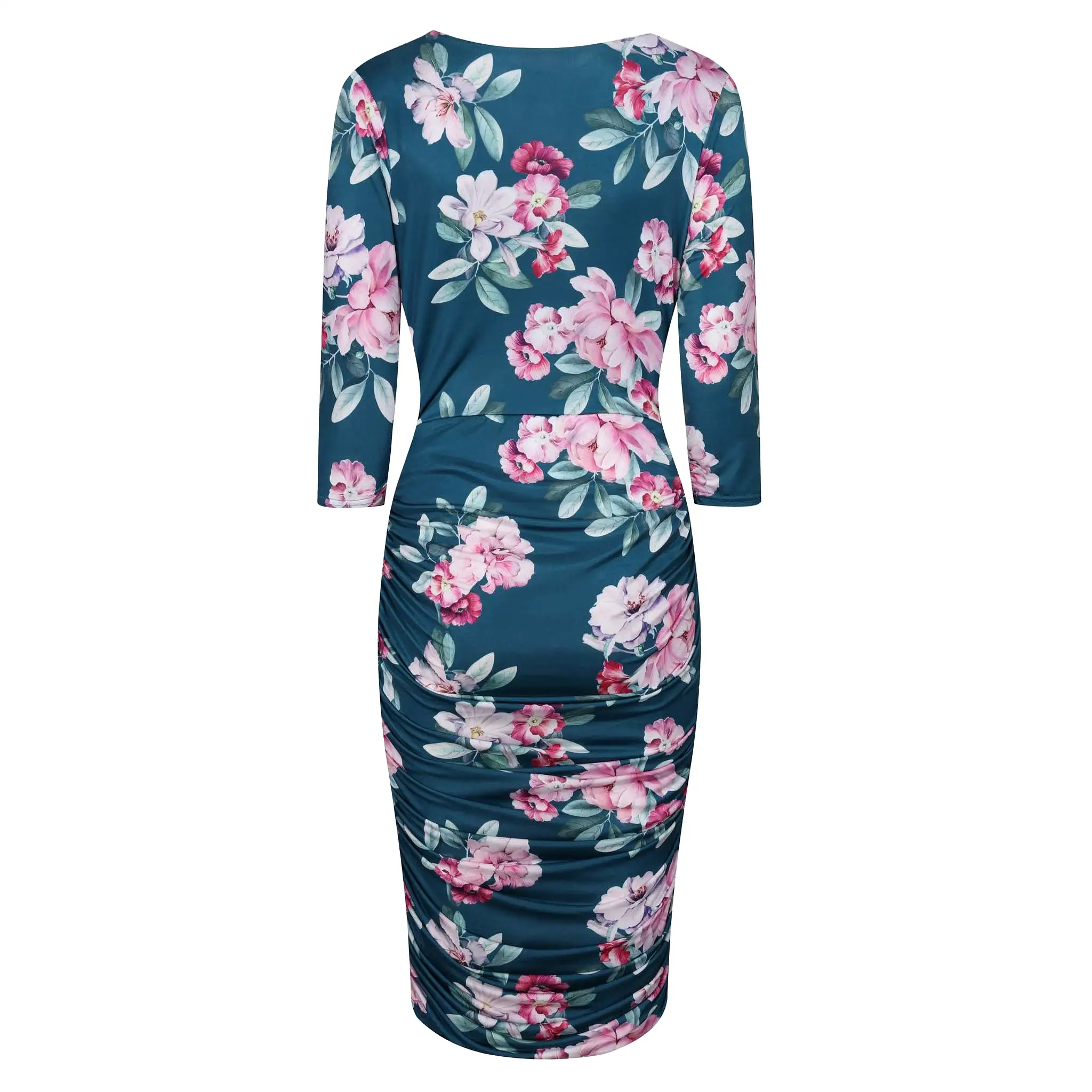 Teal Floral Print 3/4 Sleeve Wrap Over Midi Dress