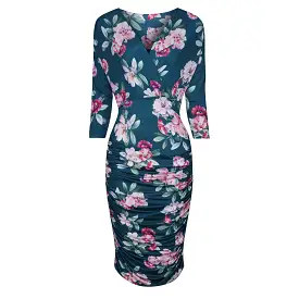 Teal Floral Print 3/4 Sleeve Wrap Over Midi Dress