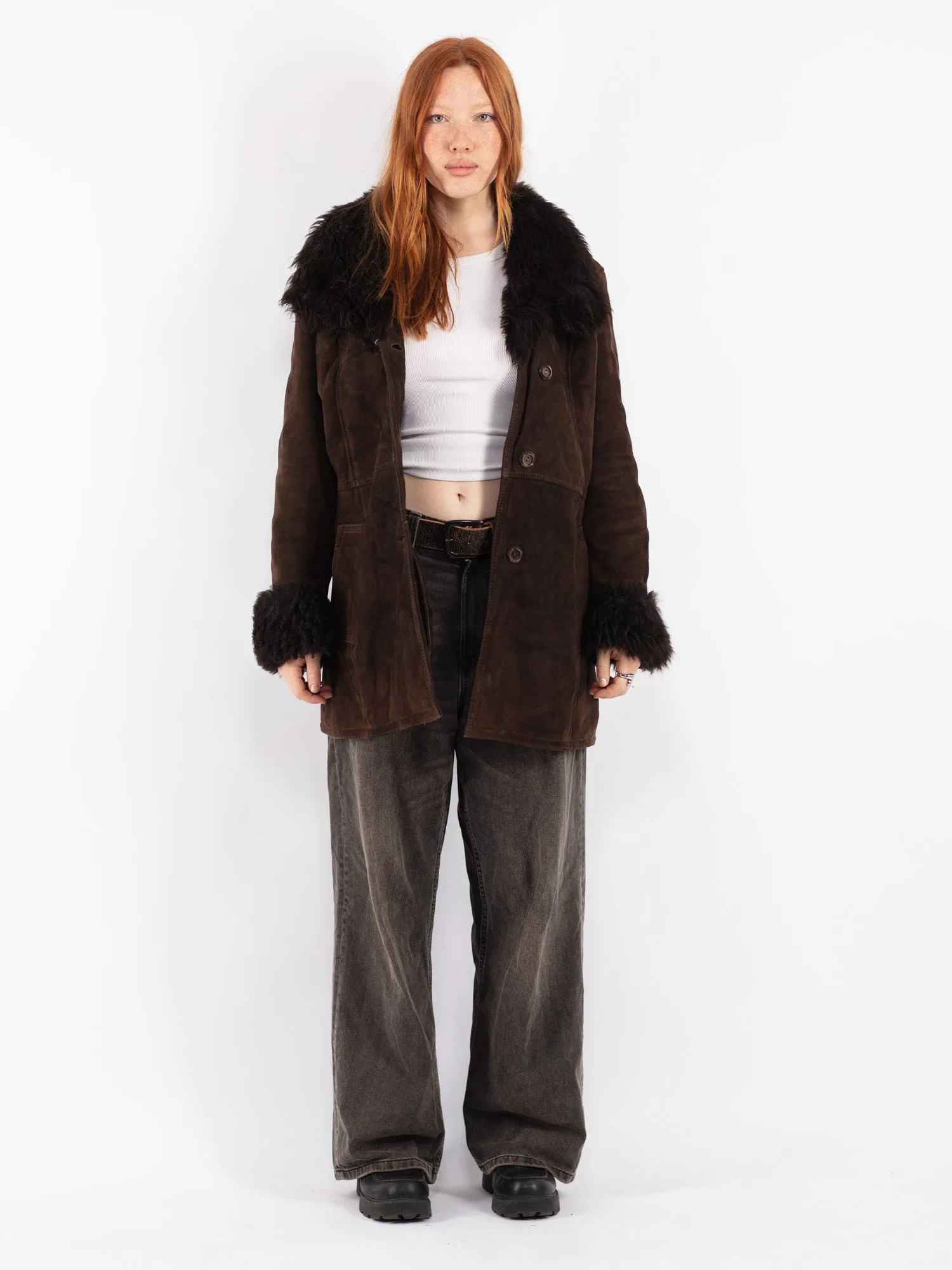 Vintage 70's Women Sheepskin Shearling Coat in Brown