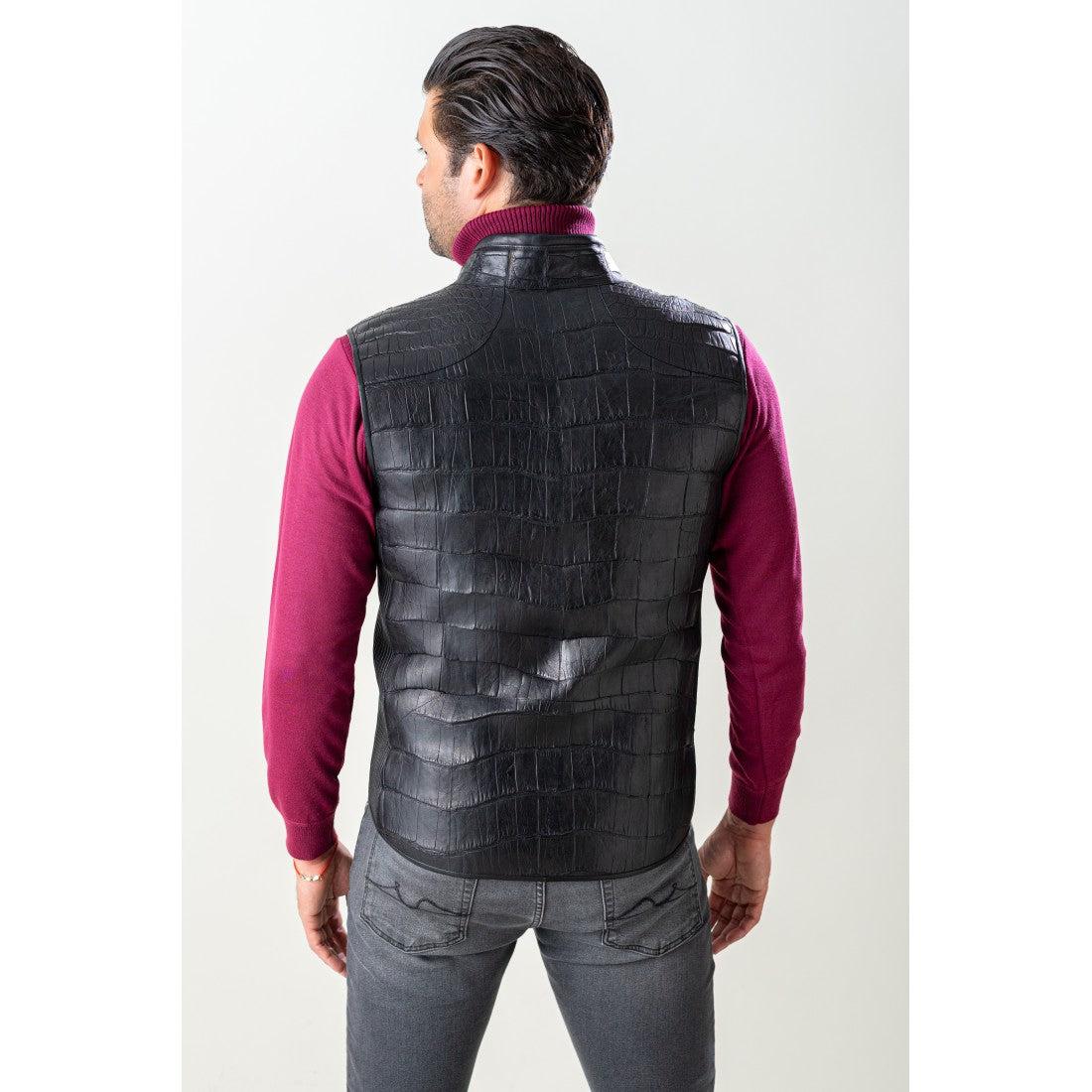 VL003G - Cuadra black casual fashion full exotic alligator leather vest for men