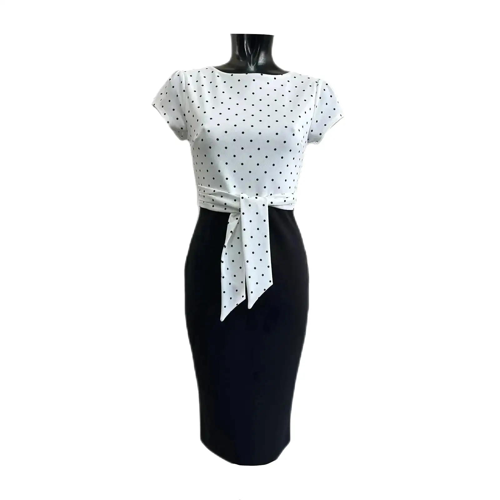 White And Black Polka Dot Print Tie Front Bodycon Midi Dress