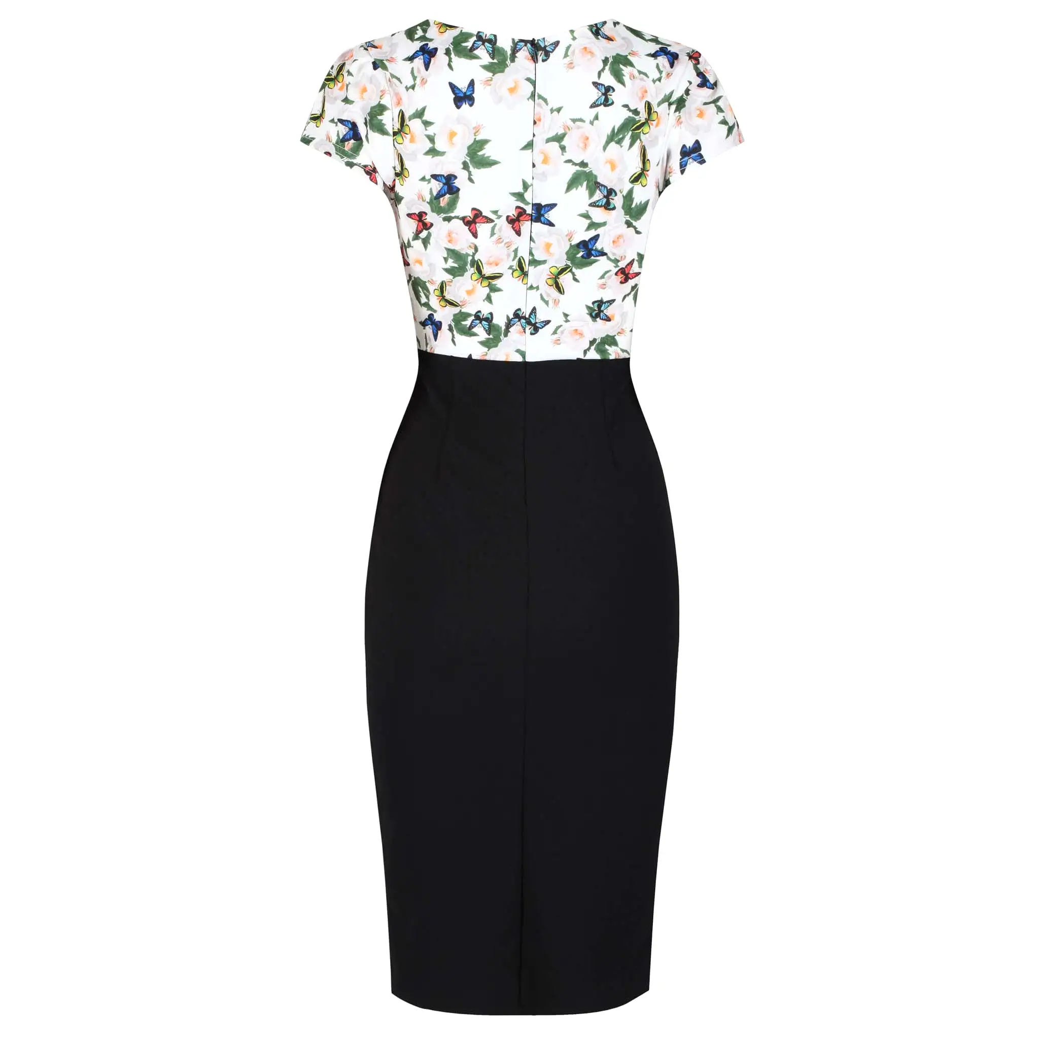 White Floral Butterfly Print Tie Front Bodycon Midi Dress