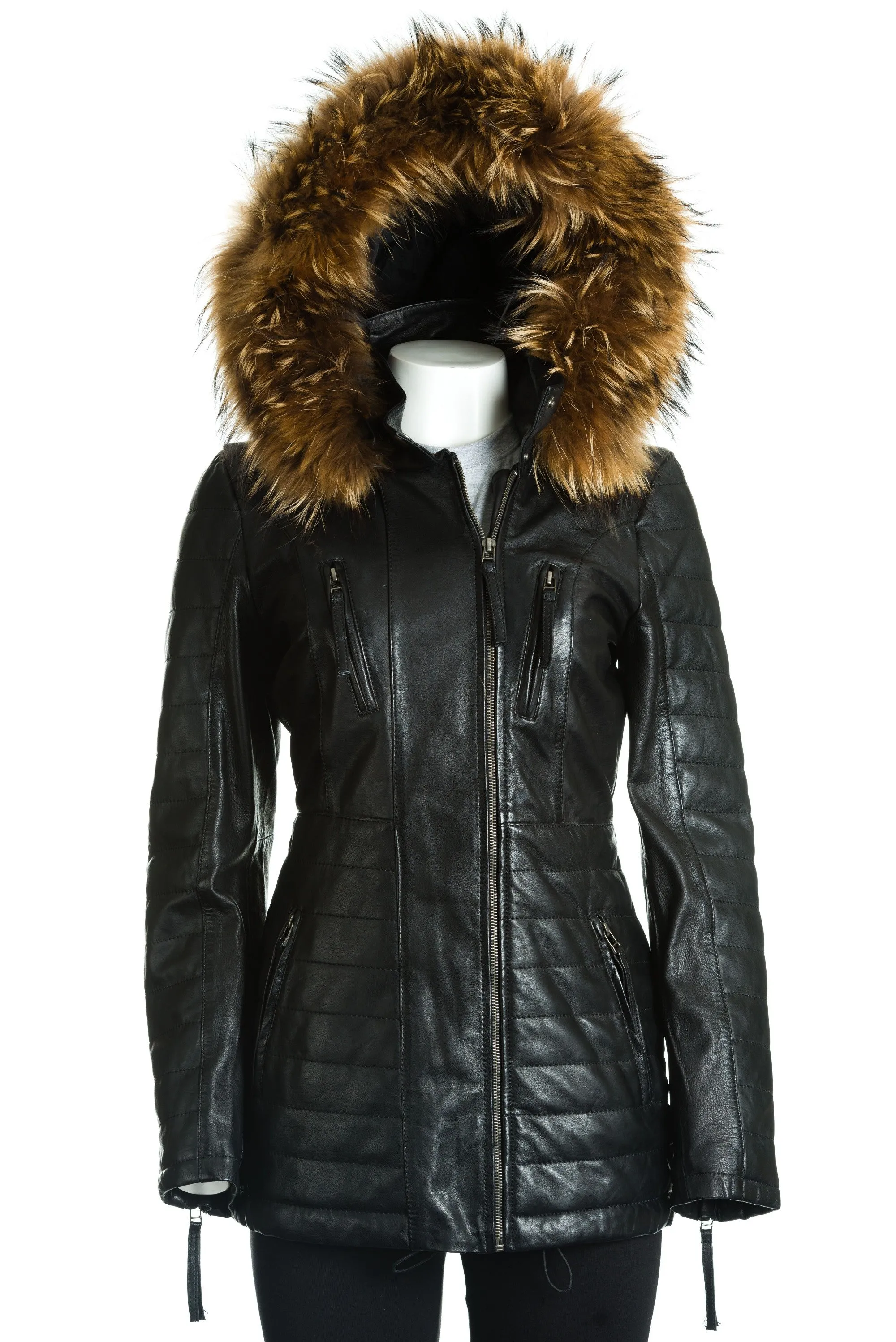 Women's Leather Parka Jacket with Stitch Detail: Pippa