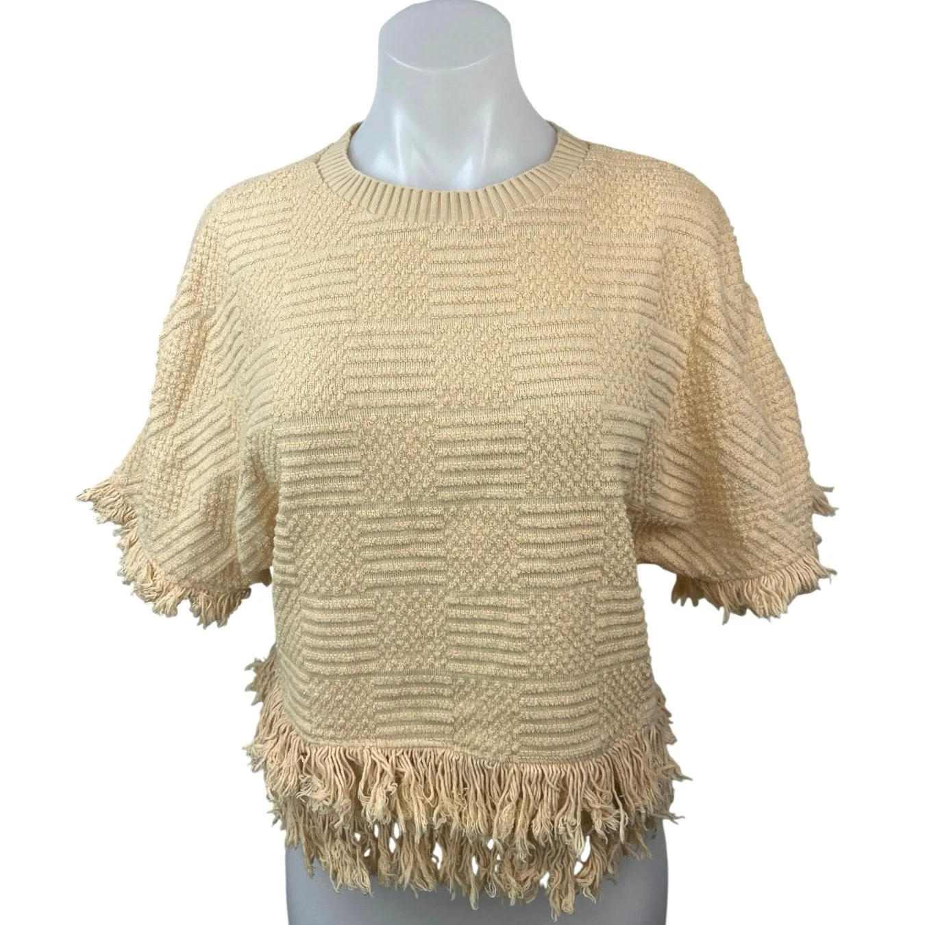 Zara Cream Beige Textured Knit Fringe Crewneck Short Sleeve Sweater Top Size XS