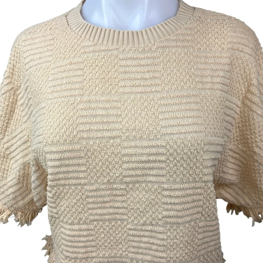 Zara Cream Beige Textured Knit Fringe Crewneck Short Sleeve Sweater Top Size XS