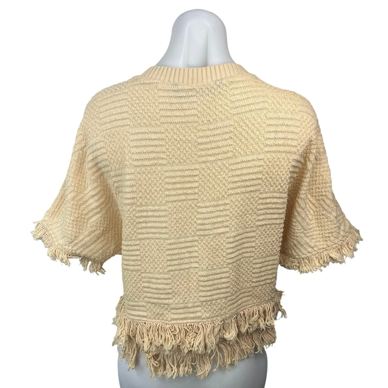 Zara Cream Beige Textured Knit Fringe Crewneck Short Sleeve Sweater Top Size XS